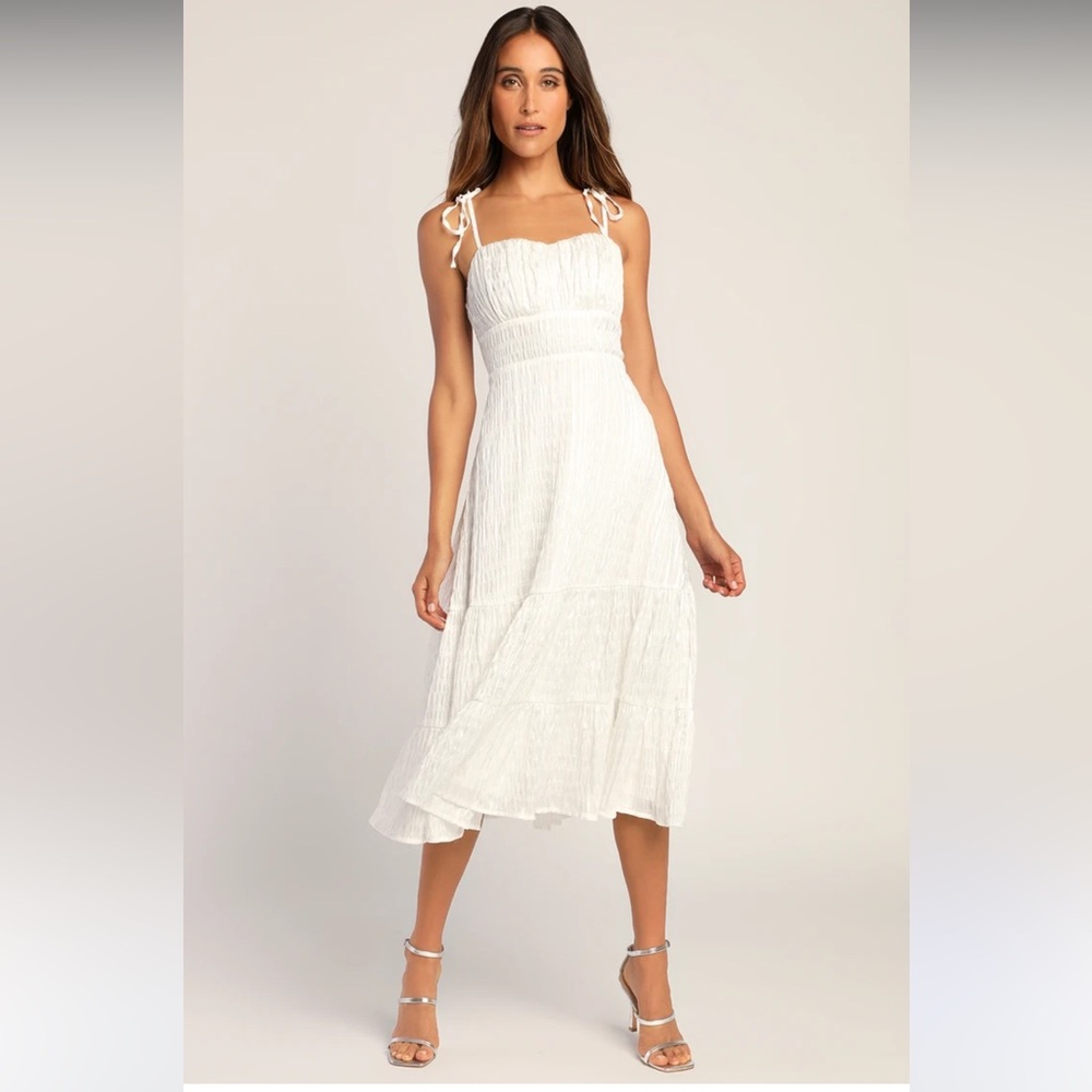Lulus Lurex White metallic silver striped tie-strap tiered Midi Dress XL